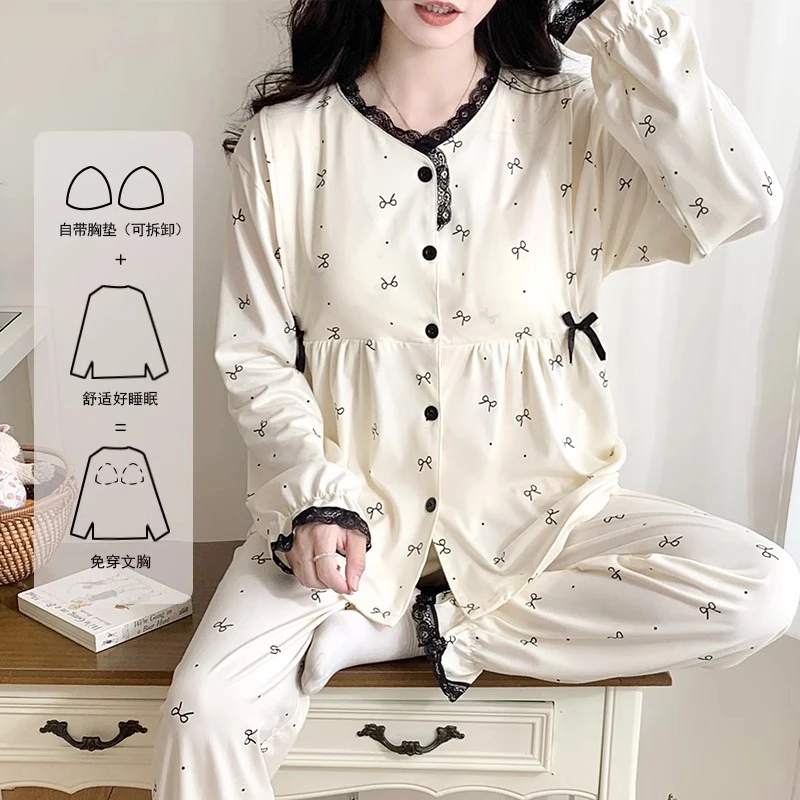 带胸垫纯棉蝴蝶结月子服春秋季孕妇睡衣产后薄款哺乳喂奶夏