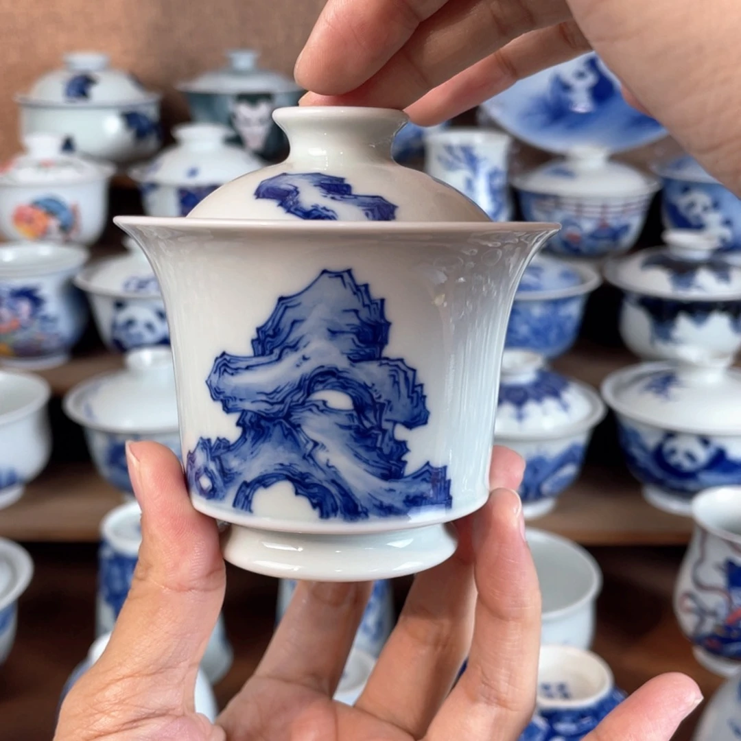 景德镇纯手工手绘陶瓷马蹄盖碗