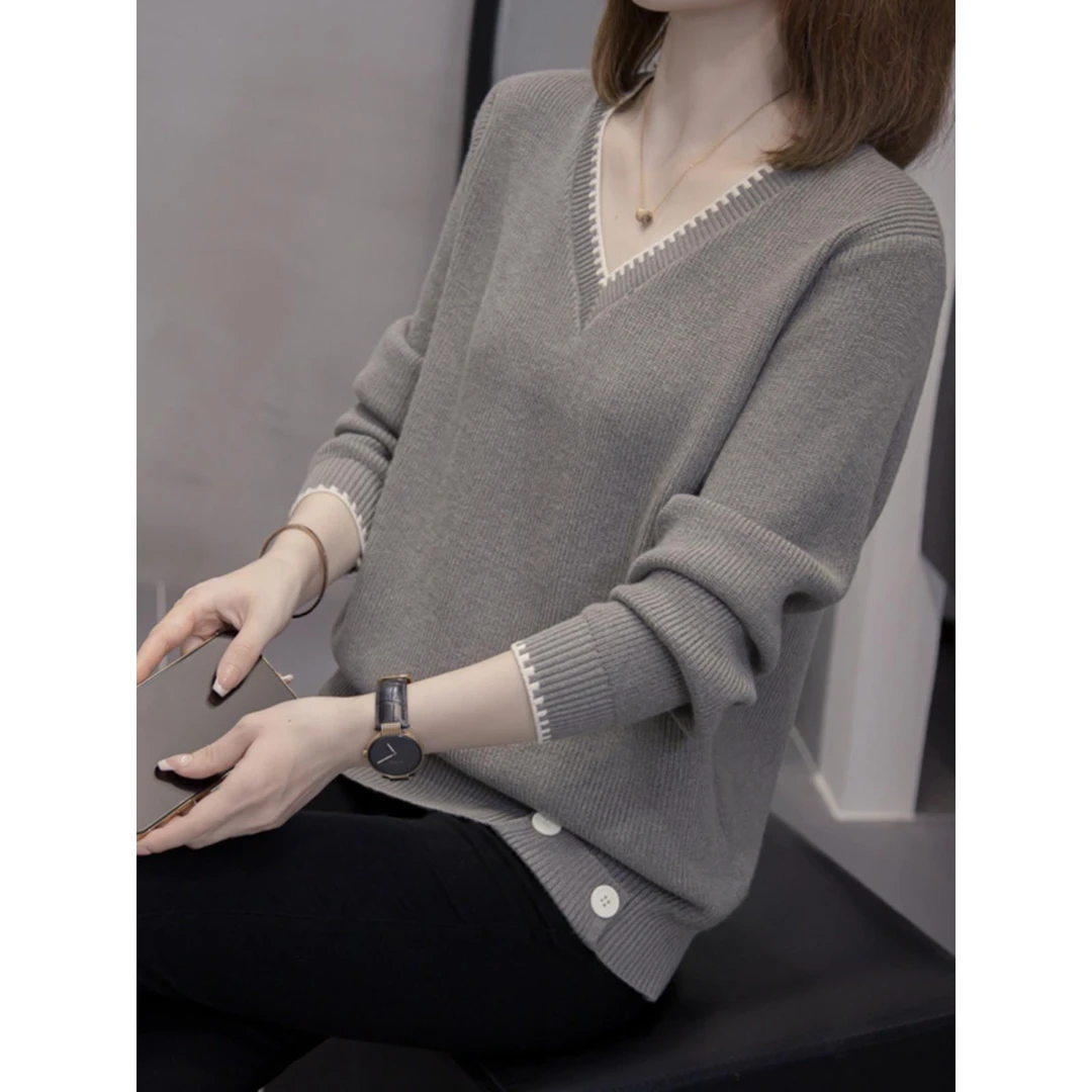 大码女装V领长袖针织衫上衣胖mm高级感遮肚子秋冬内搭毛衣打底衫