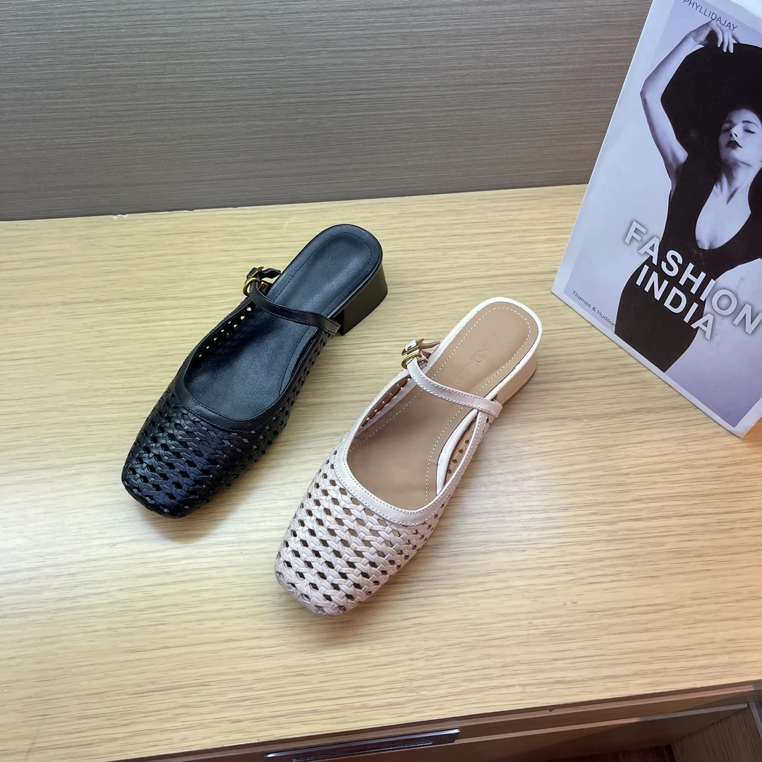 【XueEr】 4cm，2025夏季新款包头拖鞋粗跟时尚舒适方头拖鞋