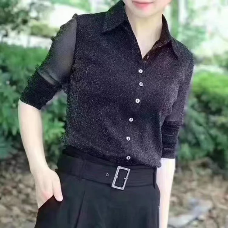 哥弟亮丝弹力网纱衣女衬衫1300782
