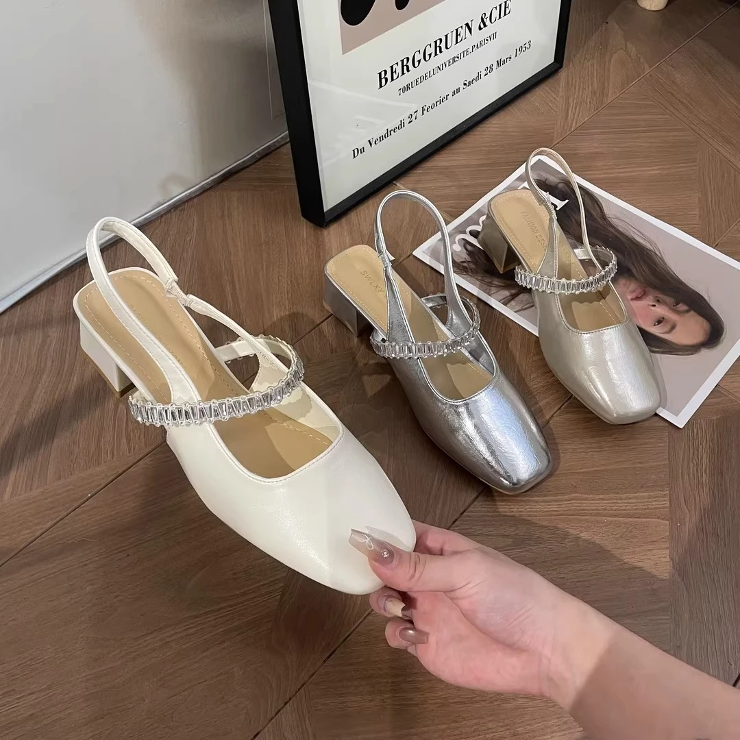 法式粗跟凉鞋女2025新款夏季时尚百搭复古方头一字带中跟气质单鞋