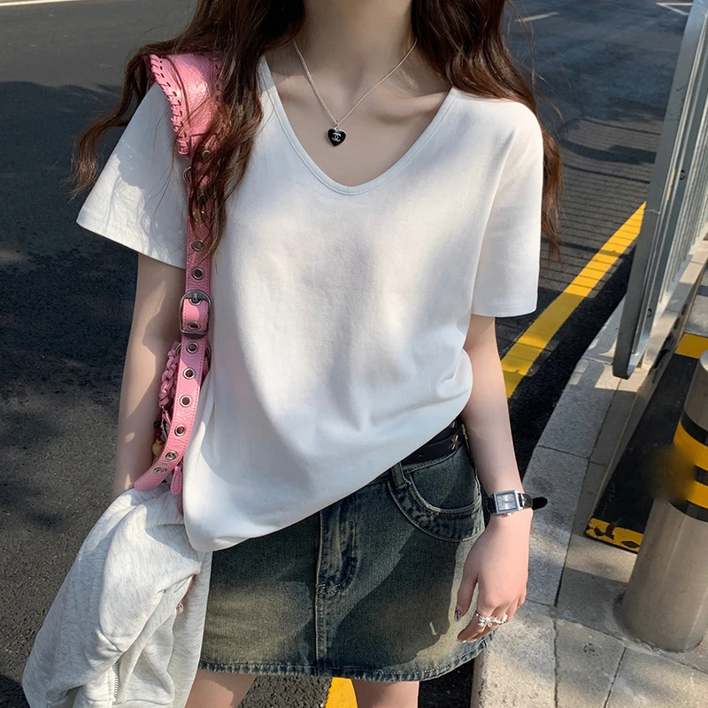 时尚纯棉v领正肩t恤女短袖夏季设计感小众宽松欧货白上衣2025新款