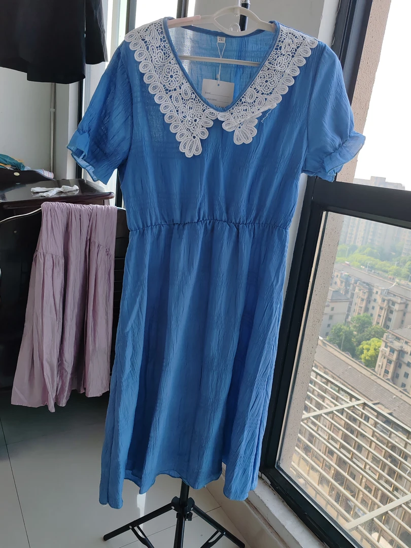 夏季新款撞色蕾丝娃娃领显瘦小众复古连衣裙