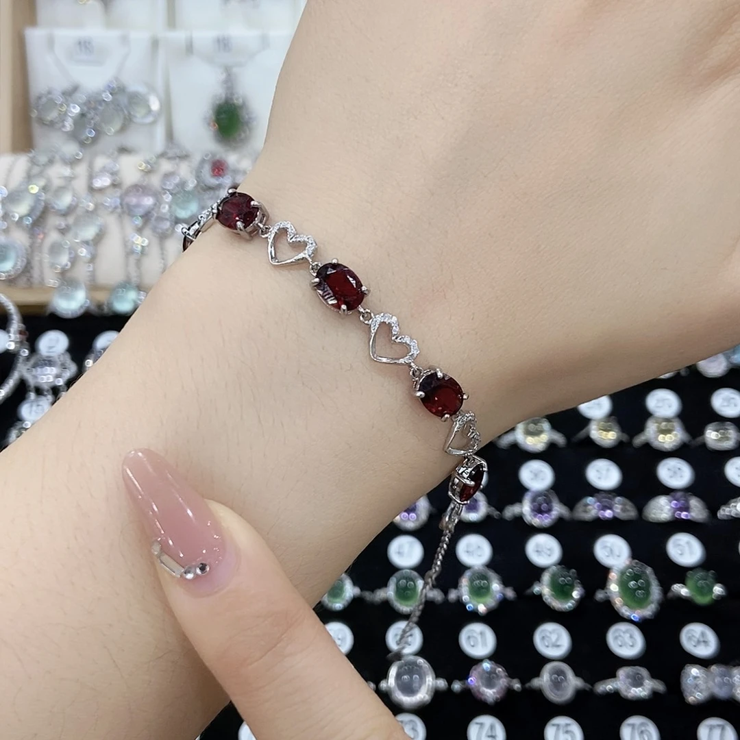 平***好银S925镶嵌手链石榴石