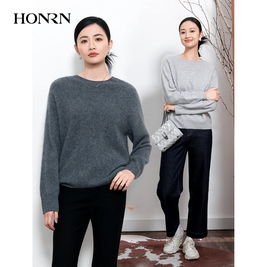 HONRN/红人长袖圆领套头山羊绒羊毛衣针织衫上衣女秋冬HK59OM037