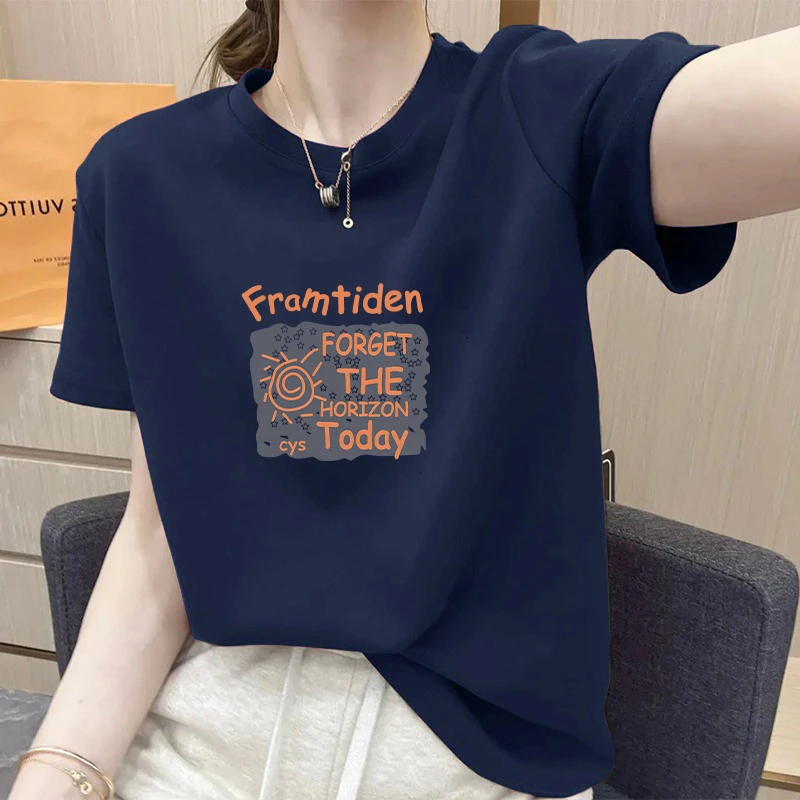藏青色胖mm棉质T恤短袖女圆领大码ins韩版正肩运动叠穿夏季打底衫