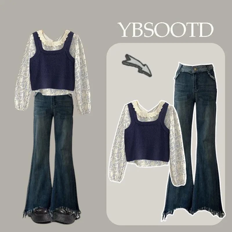 2025年秋季新款韩系穿搭一整套女蕾花打底衫马甲牛仔裤三件套装