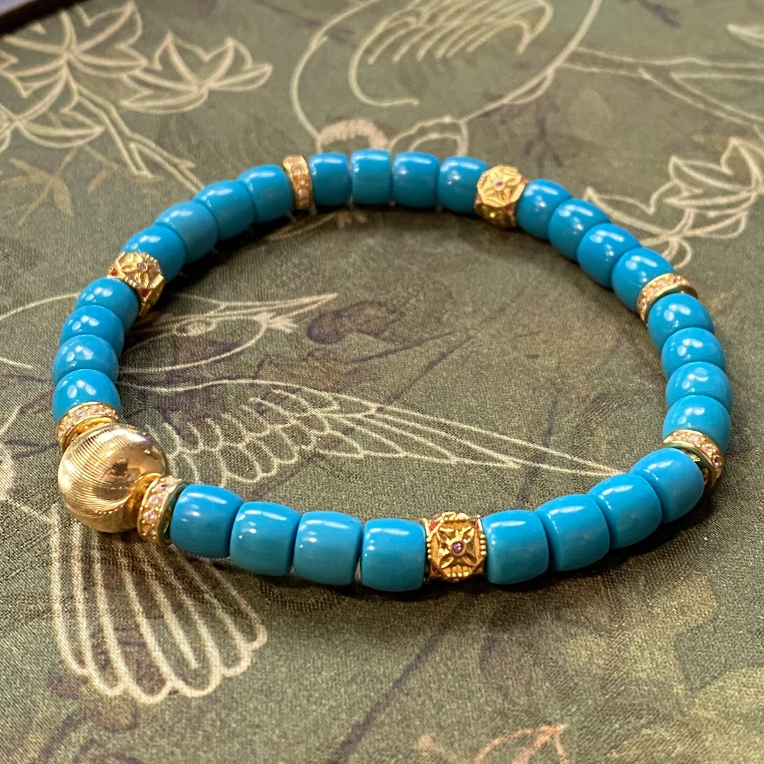 【珺笙珠宝】典藏•原矿蓝精灵绿松石18K金直切手串6mm