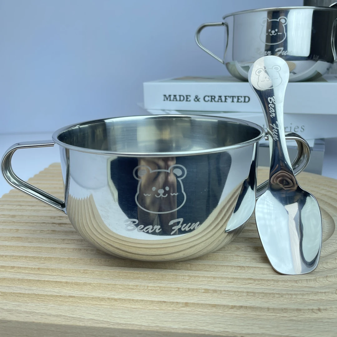 304不锈钢大容量700ml双耳碗加厚食品级碗加勺套装