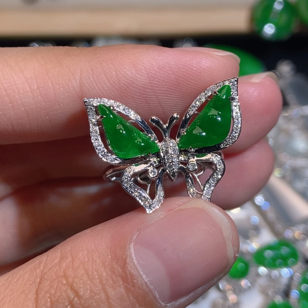 翡翠18K金镶嵌戒指天然缅甸A货翡翠