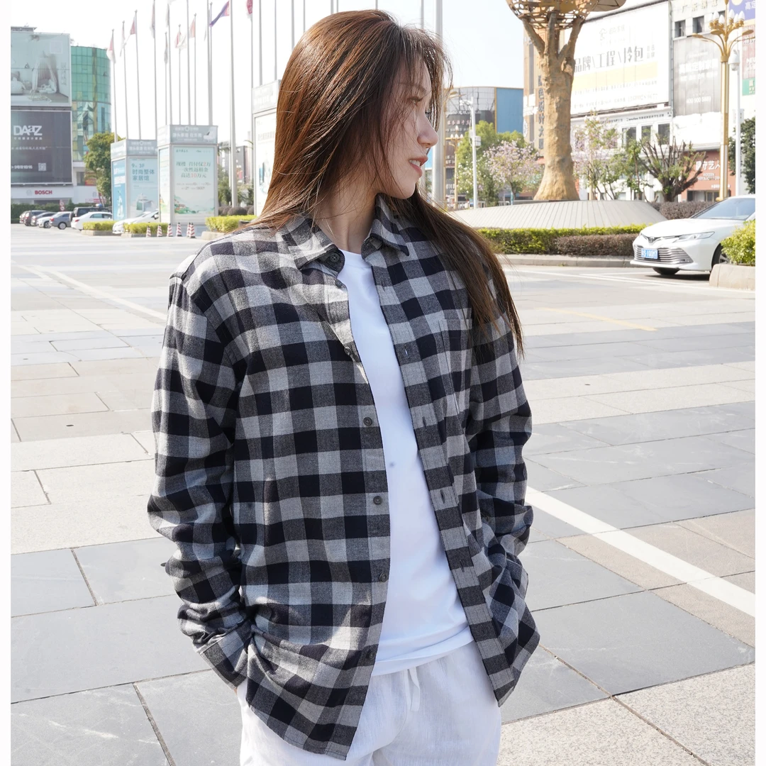 拉夫代工厂出口韩国订单货男式美式高货复古黑白格春秋衬衫