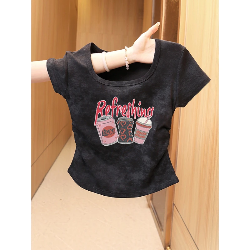 美式扎染方领正肩短袖t恤女夏不规则收腰褶皱短款U领洋气纯棉上衣