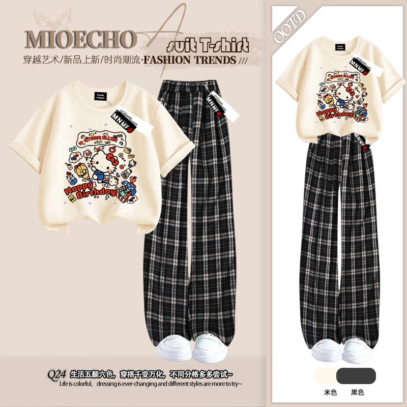 Kitty猫女童短袖T恤套装夏季2025新款阔腿格子裤女大童纯棉两件套