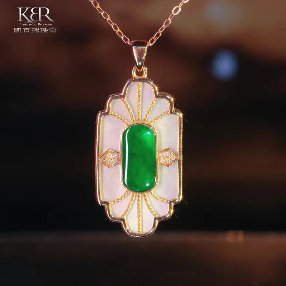 清筱18K金天然A货翡翠方牌吊坠简约大气时尚 多样性发 KBR0607013