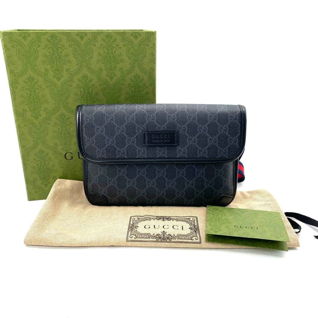 99新 GUCCI/古驰 经典黑老花胸腰包 尺寸24/17男士 黑花翻盖 包胸