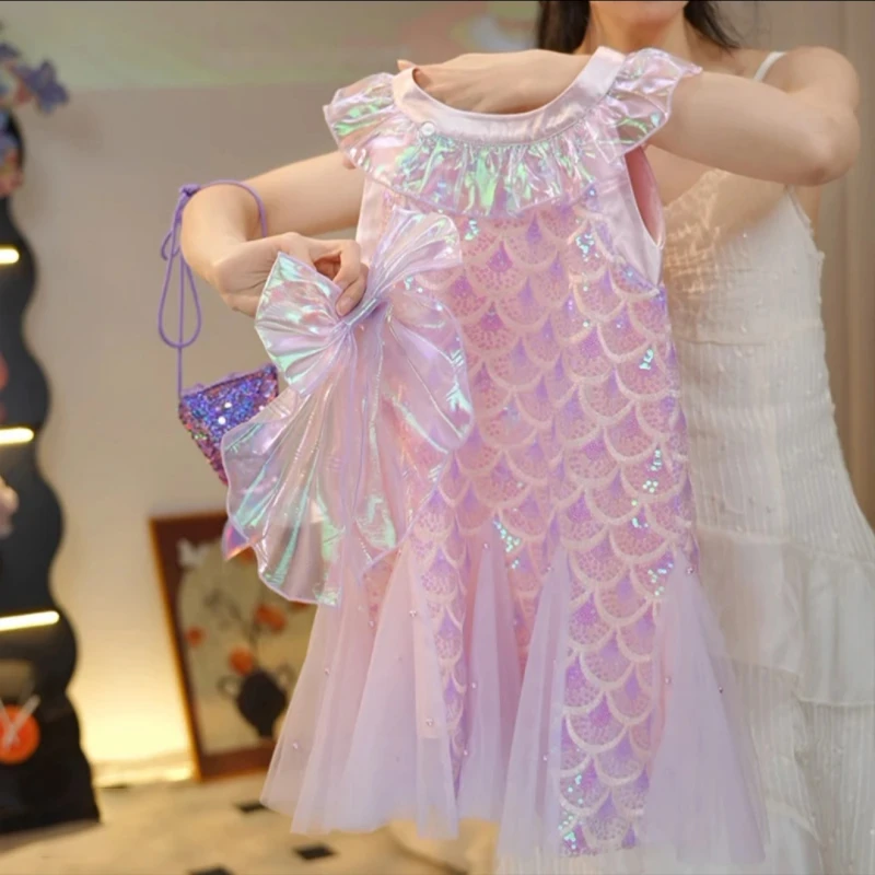女童夏季连衣裙2025新款洋气挂脖旗袍儿童亮片美人鱼小女孩公主裙