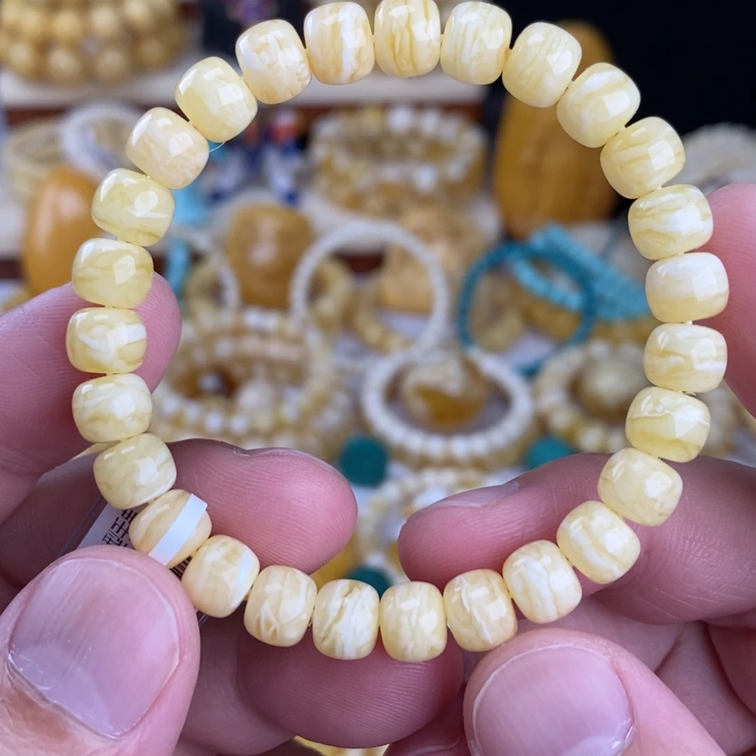 蜜蜡未镶嵌手链瓷白细纹虎皮千层雪8mm