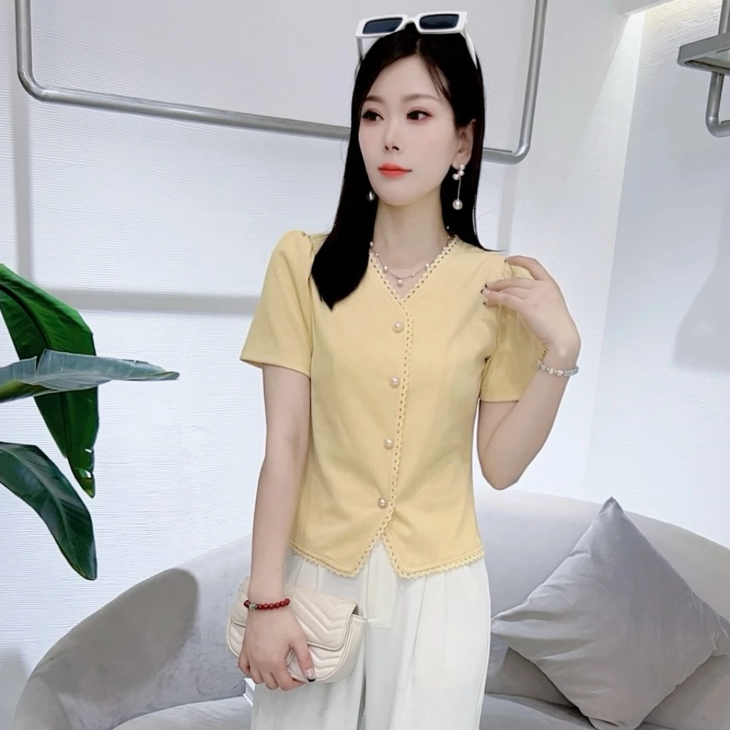 A8571小清新甜美V领短袖T恤时尚百搭洋气显瘦减龄上衣