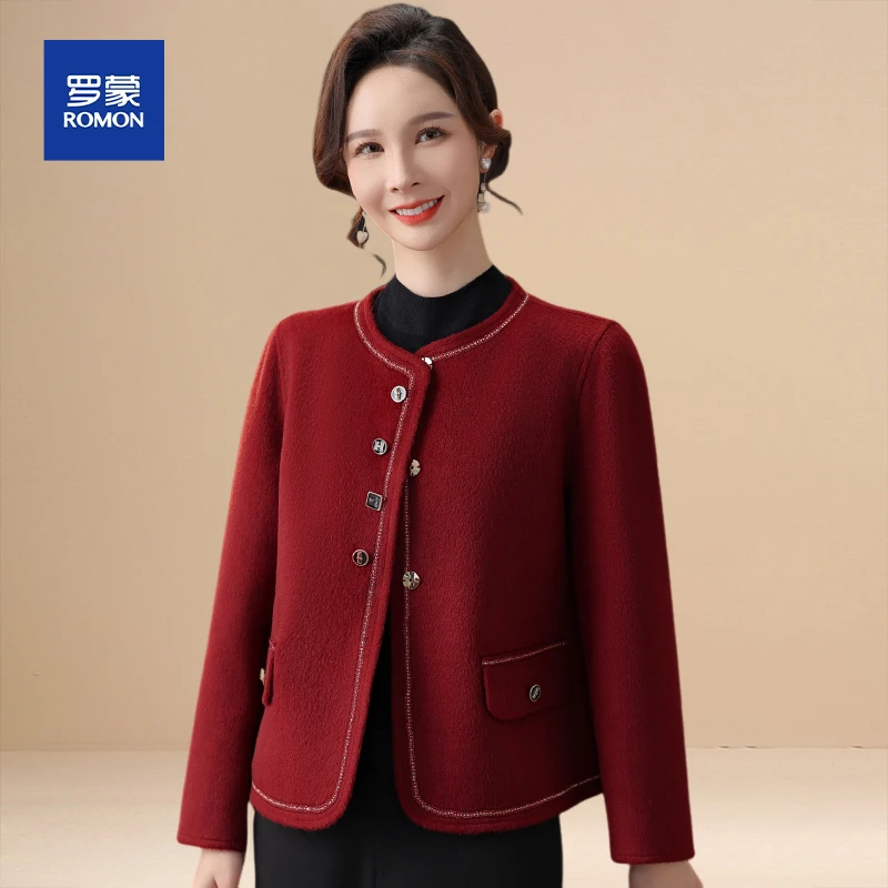 罗蒙妈妈秋装短款高贵双面呢外套中老年人女气质毛呢大衣2025新款