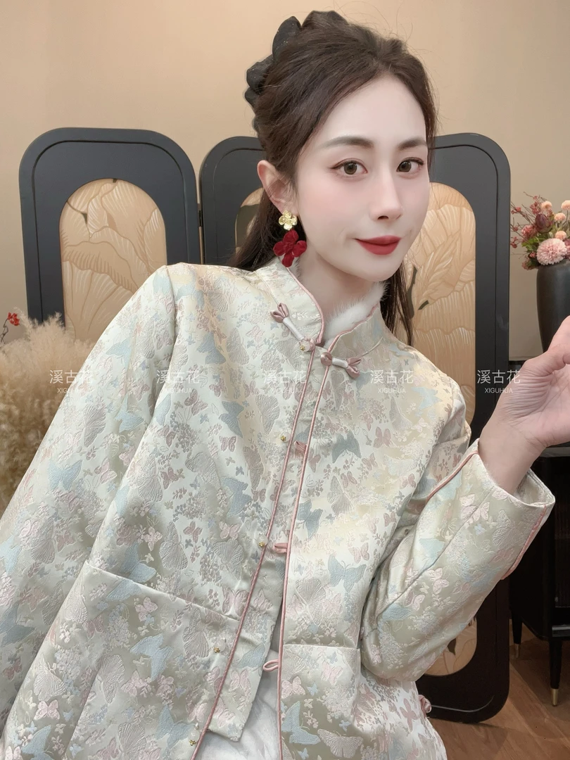 【梦栀】2025早春织锦新中式百搭外套女显瘦气质蝴蝶刺绣