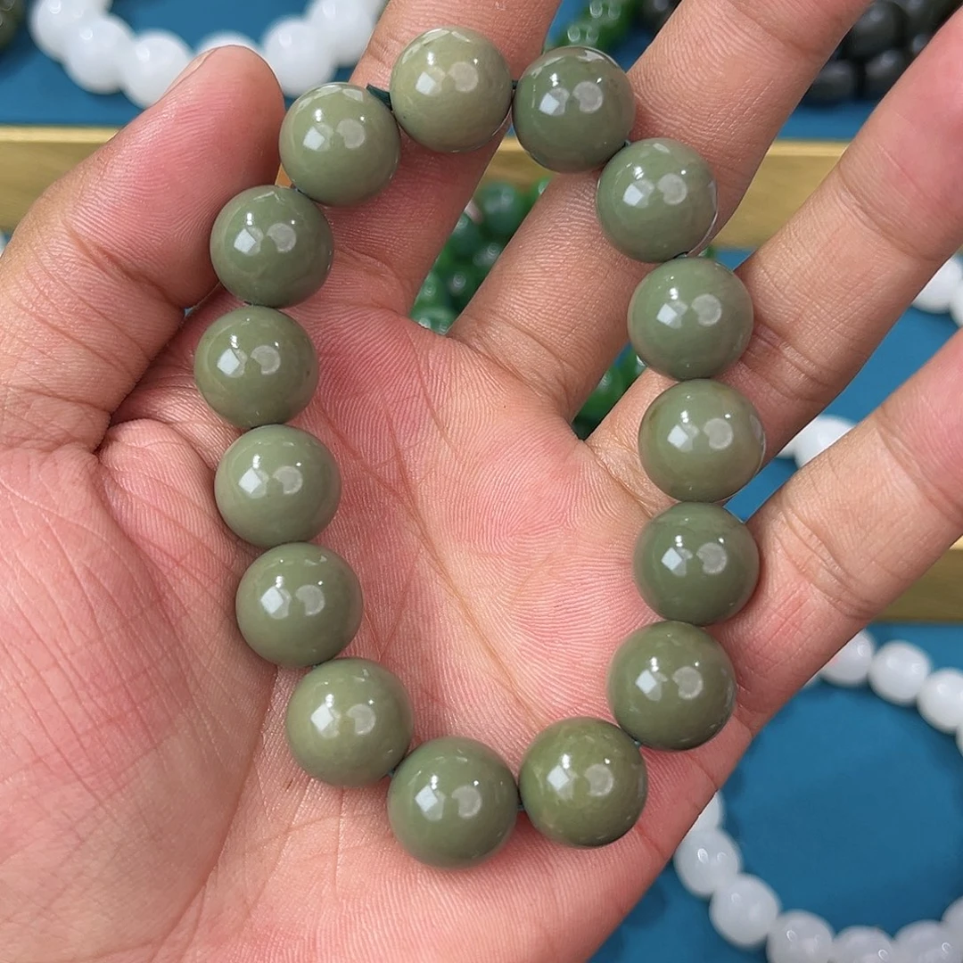 手串未镶嵌和田玉纯天然新疆和田玉沙枣青14mm
