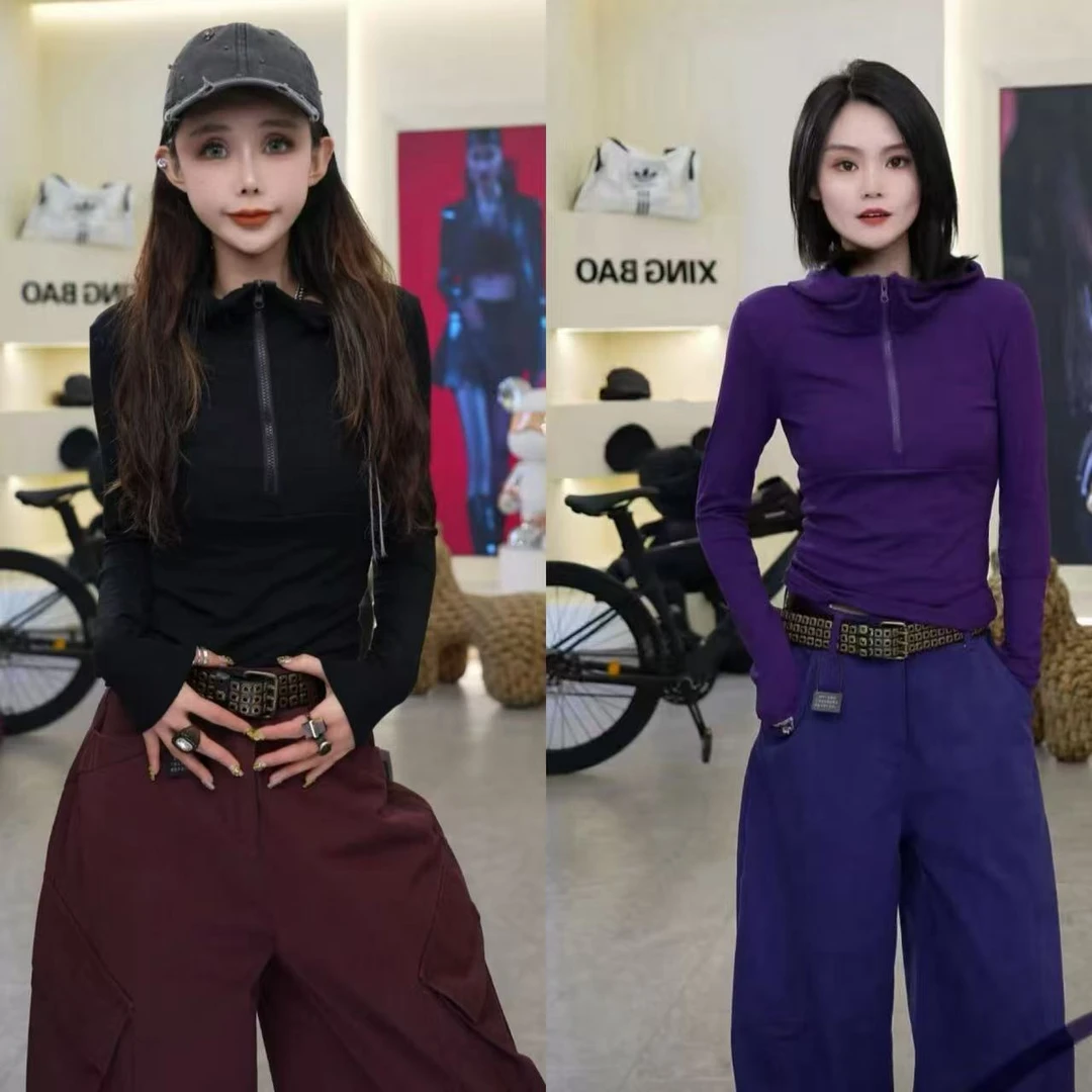 星宝定制新款连帽立领洋气正肩长袖T恤小众拉链收腰显瘦上衣1362