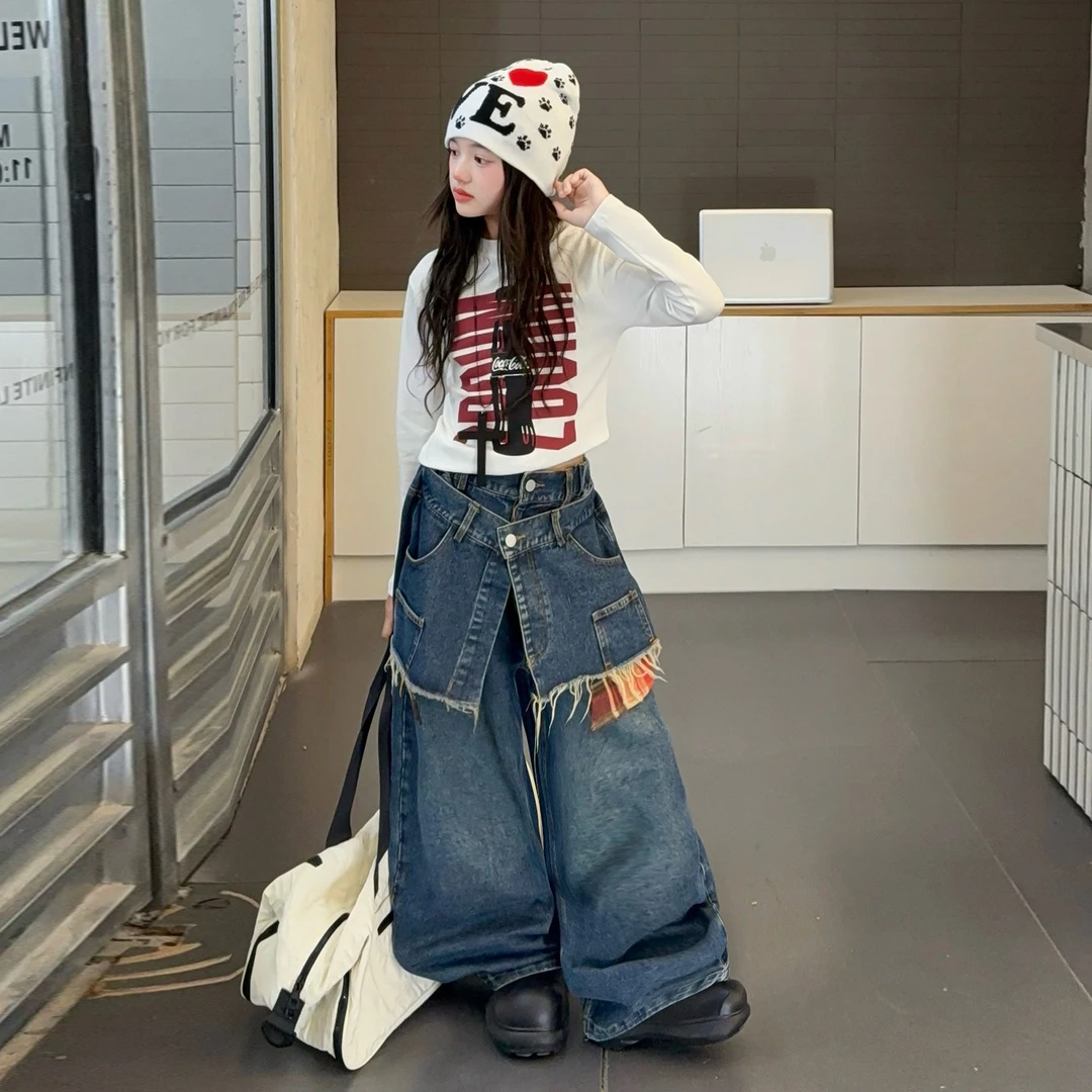 女童美式潮酷假两件拼接牛仔裤秋2025新款女大童秋装辣妹T恤套装