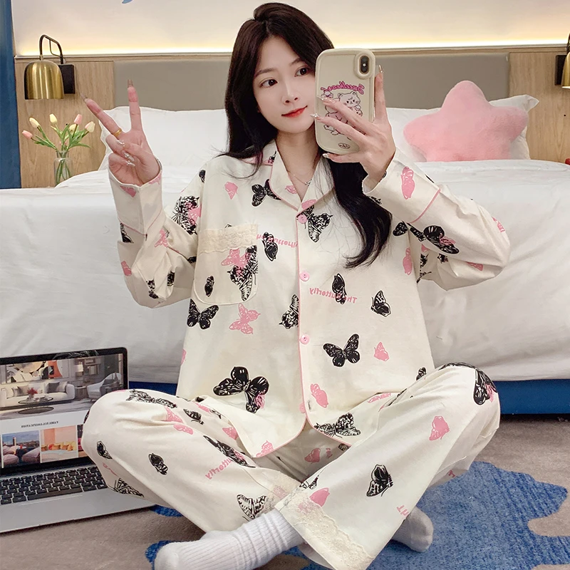 带胸垫大码睡衣女可爱长袖长裤两件套慵懒风学生可外穿家居服夏季