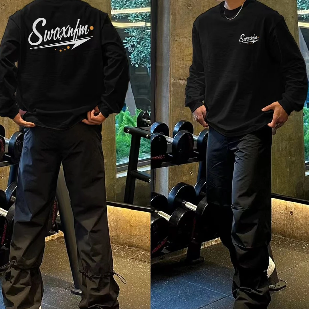 100%纯棉美式长袖圆领痞帅t恤宽松春秋款男生T恤长绒棉男士基础