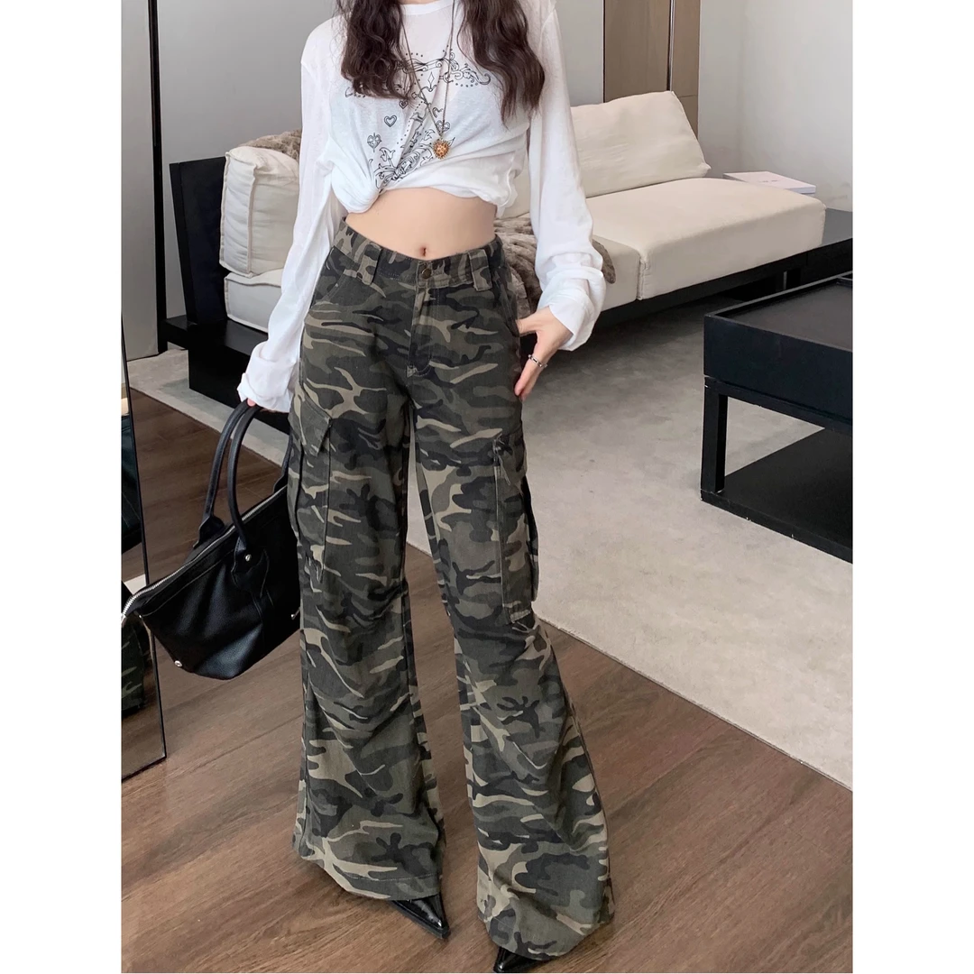 高腰迷彩工装牛仔裤女夏季休闲宽松显瘦直筒夏天薄款裤子阔腿裤