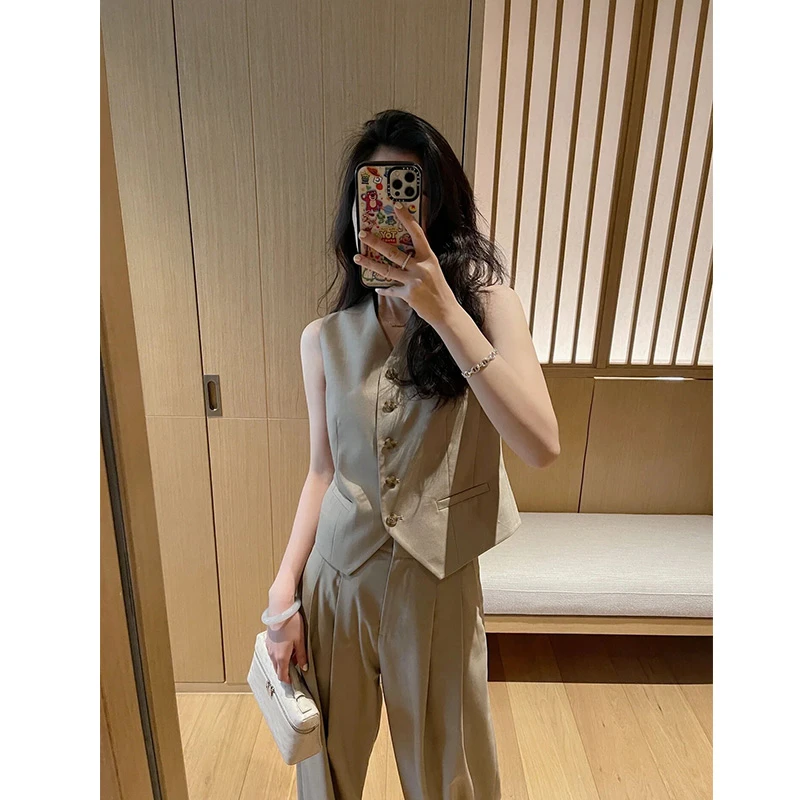 百搭通勤复古港风卡其色马甲时尚套装阔腿裤小众夏季轻熟两件套