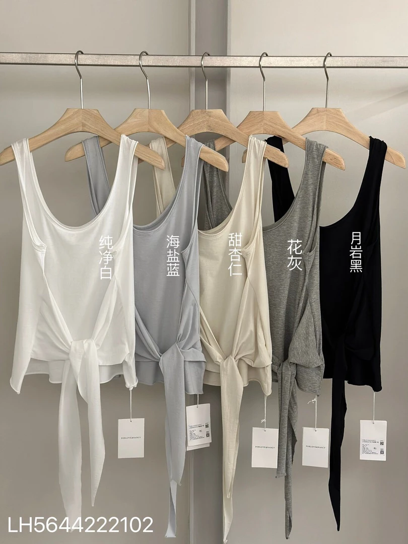 22102 夏季新款韩版百搭大领口无袖宽松系带女式背心休闲上衣