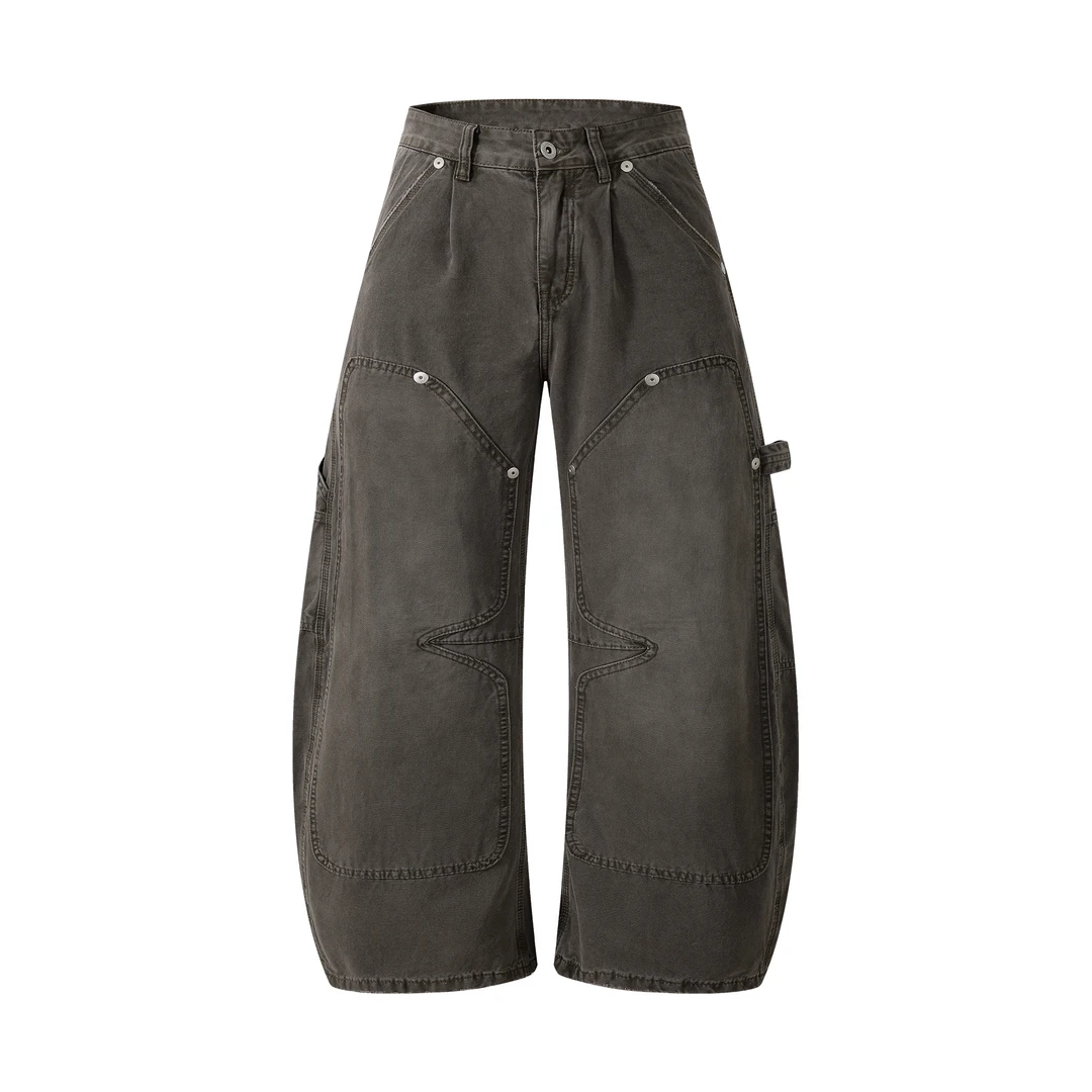 美式复古做旧伐木工装牛仔裤解构拼接宽松廓形休闲弯刀搭长裤男女