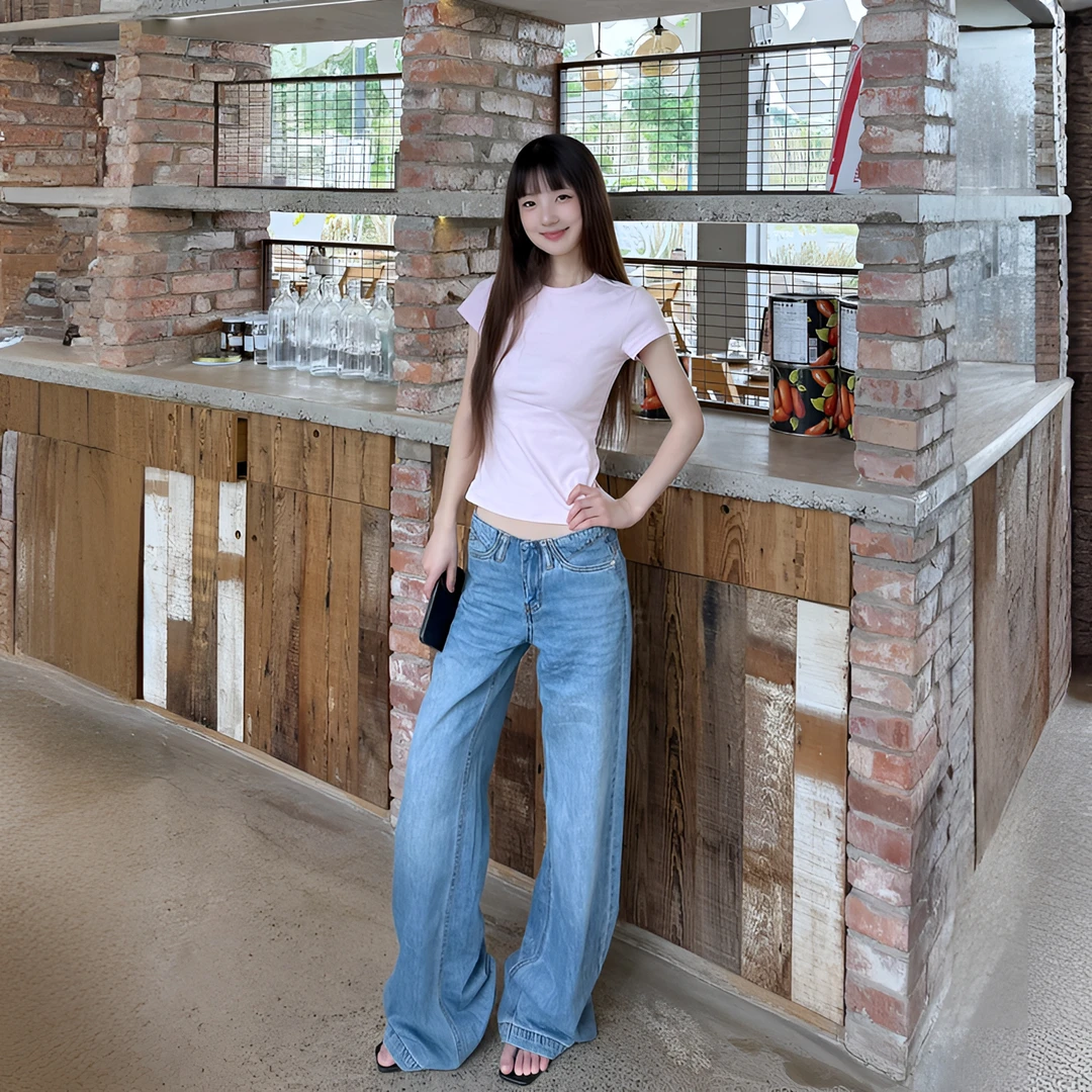 美式辣妹牛仔裤女夏季薄款美式复古拖地裤微喇低腰辣妹宽松休闲裤