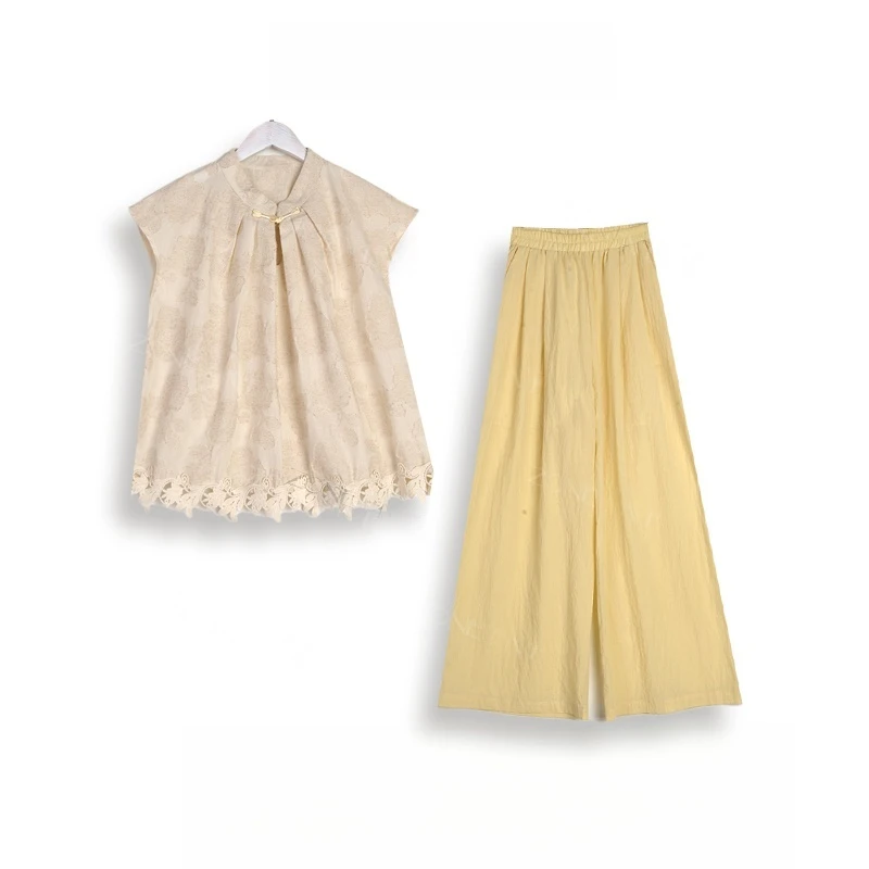 XVJV夏季新款设计感显瘦上衣配宽松新中式阔腿裤女装