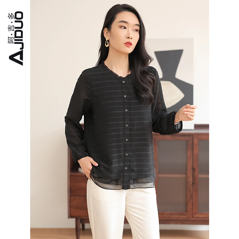 阿吉多A31367黑色条纹提花长袖衬衫女春季新款设计感小衫大码上衣