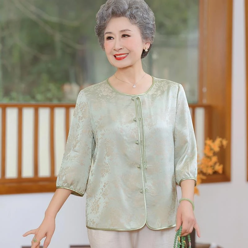 俞兆林妈妈夏装纯色衬衫女小个子奶奶太太国风香云纱七分袖仿仿真