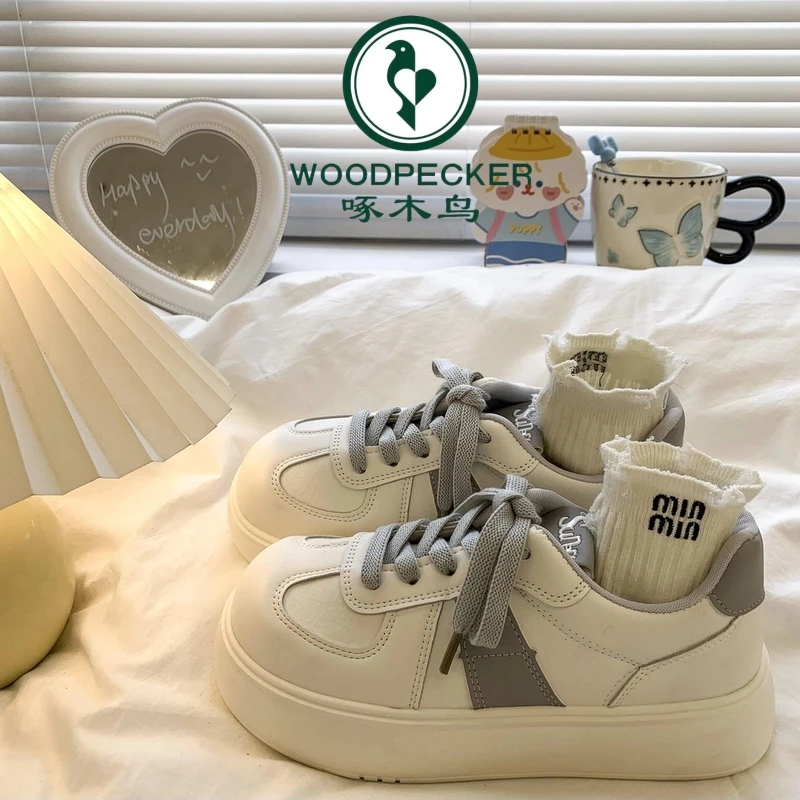 啄木鸟2025春松糕厚底鞋休闲系带运动跑步鞋复古港风轻便小白鞋女