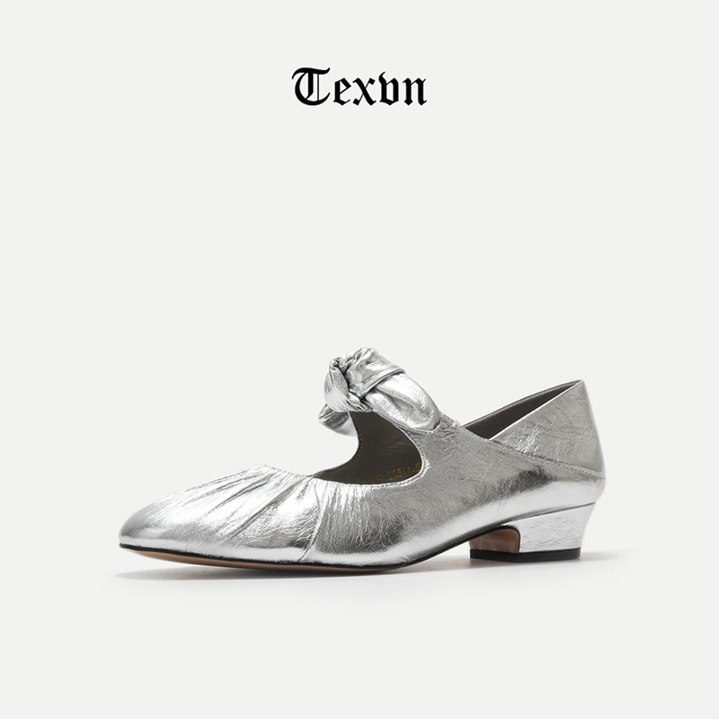 2025春季新品金属抓皱油蜡羊皮浅口蝴蝶结绑带玛丽珍软底女鞋透气