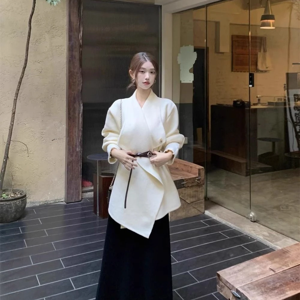 赫本风毛呢大衣小个子中长款收腰呢子西装外套女秋冬新款开衫上衣