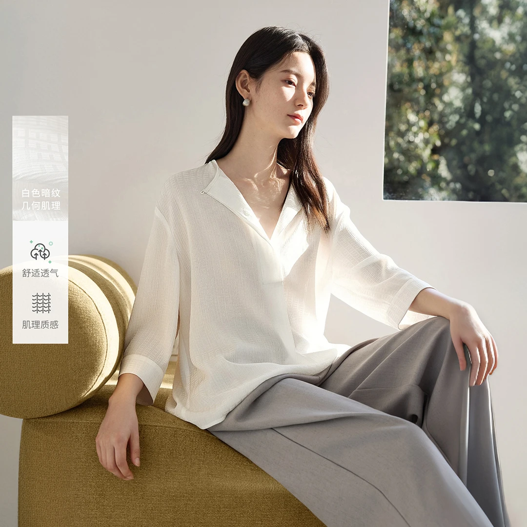 IHIMI/海谧2025夏季新款女装气质简约肌理垂感圆领七分袖衬衫上衣