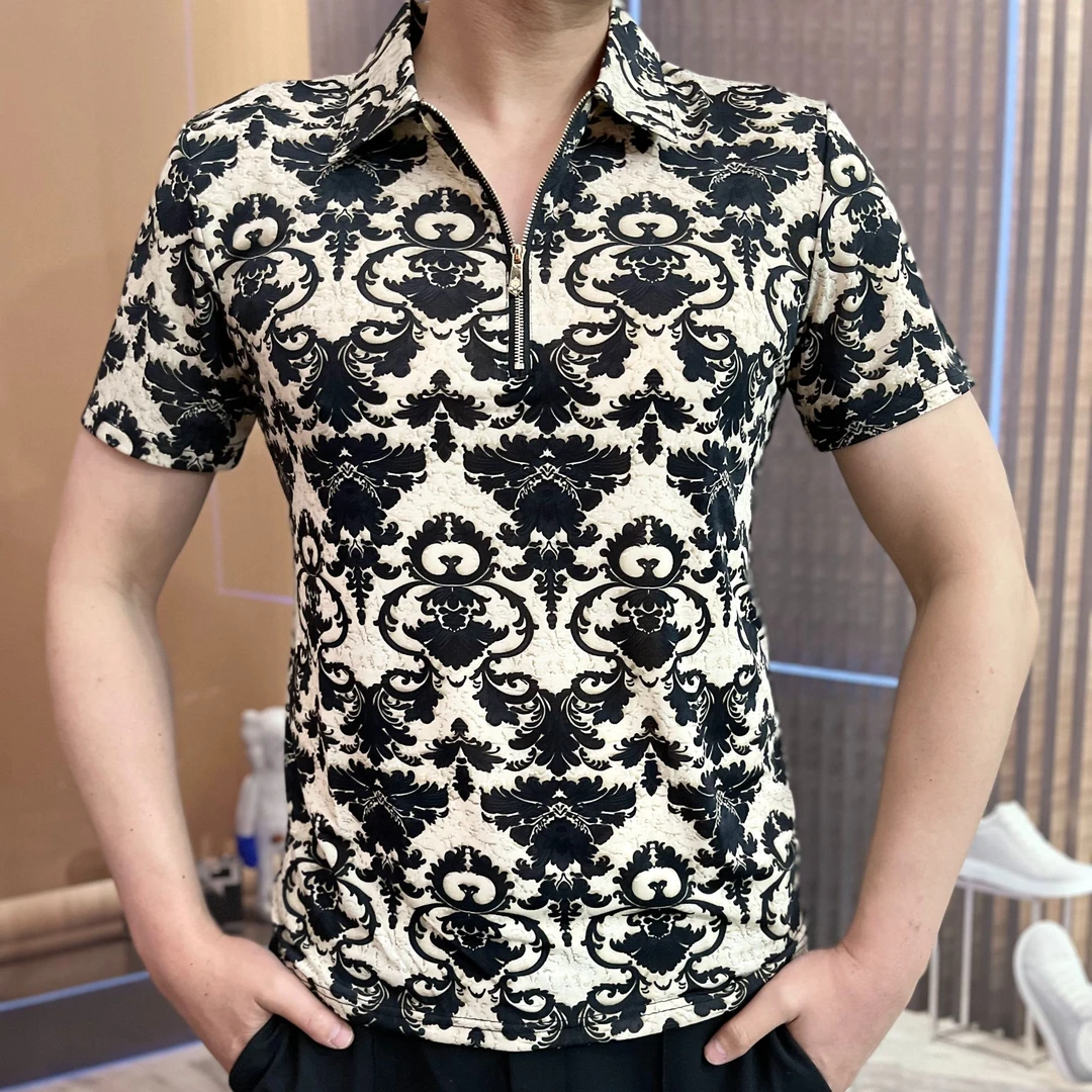 男士拉链短袖时尚薄款T恤修身轻奢帅气百搭套头潮流上衣 JJ0722