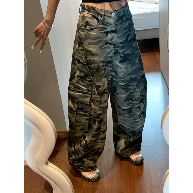 美式复古多口袋迷彩弯刀裤男女同款设计感潮牌宽松阔腿工装长裤子