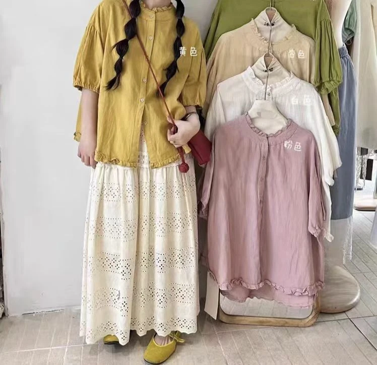 【S8303】日系甜美文艺双层花边领荷叶泡泡袖衬衫 宽松百搭薄衬衣胸