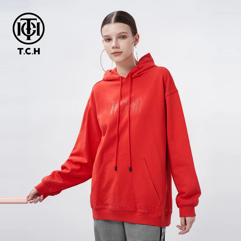 TCH轻奢秋季时尚慵懒风烫钻运动连帽卫衣女S69C126012私服tch