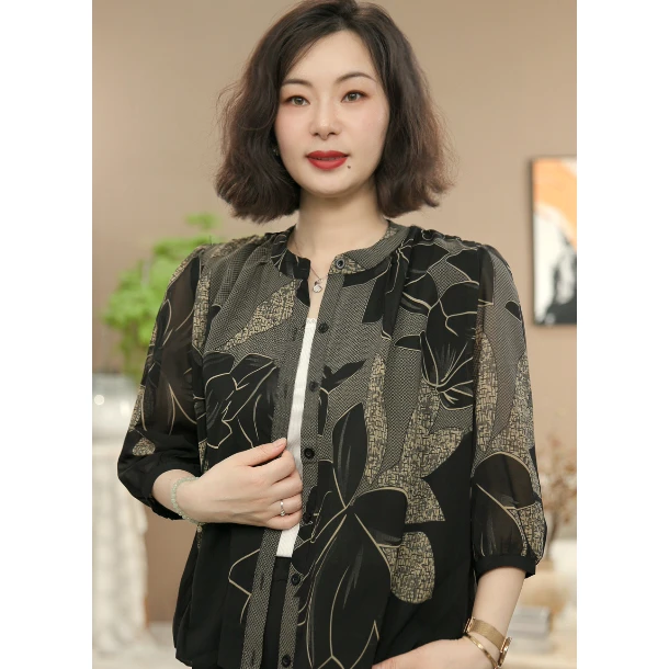 【涧蓝正品】夏季新款妈妈装圆领七分袖衬衫女印花显瘦小衫防晒衣