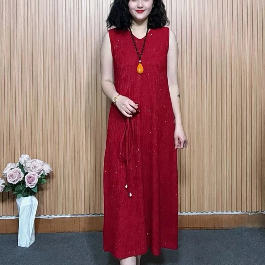 夏季新款妈妈连衣裙时尚气质百搭遮肉显瘦宽松纯色打底无袖背心裙