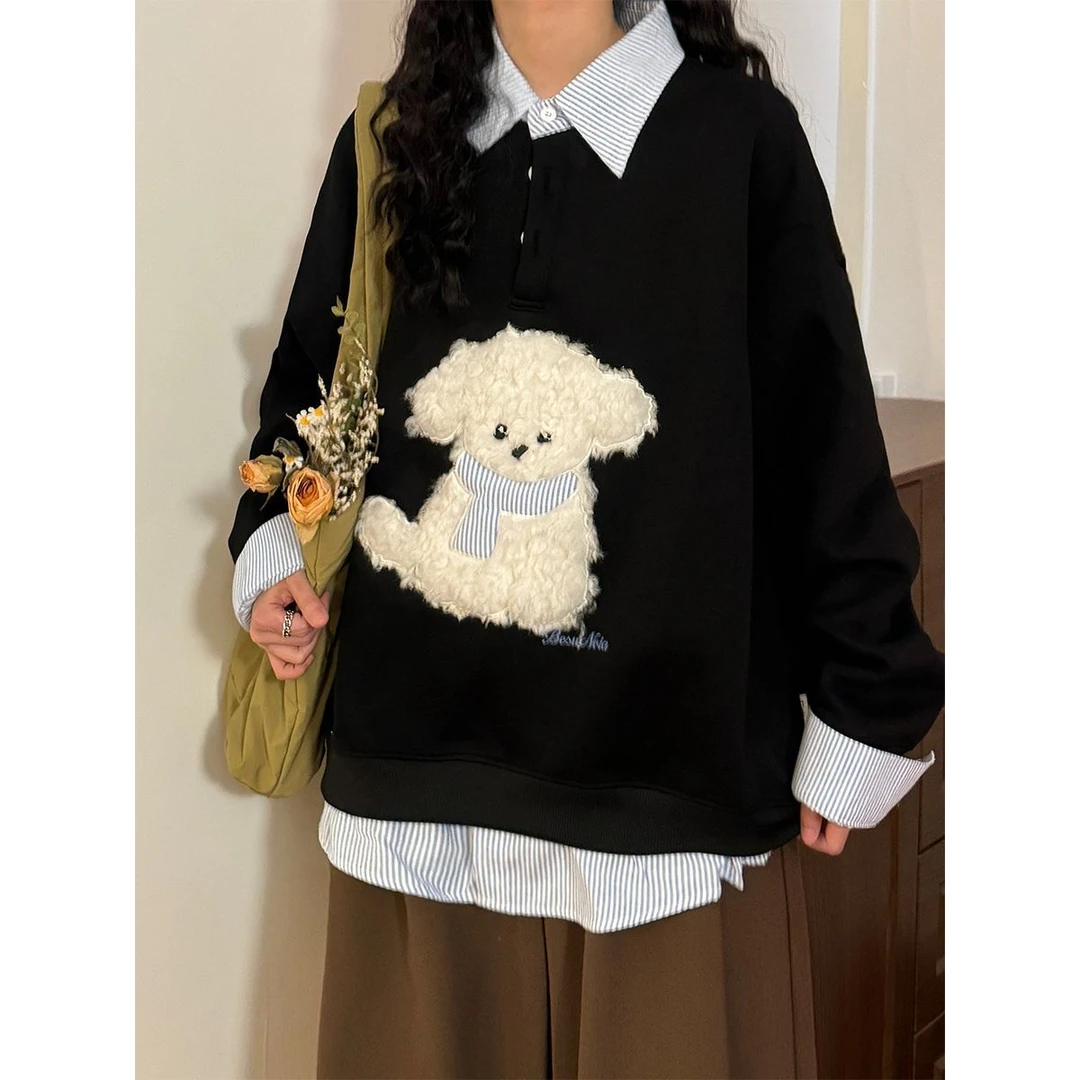 初秋美式复古学院风可爱格子拼接假两件翻领卫衣女2025年
