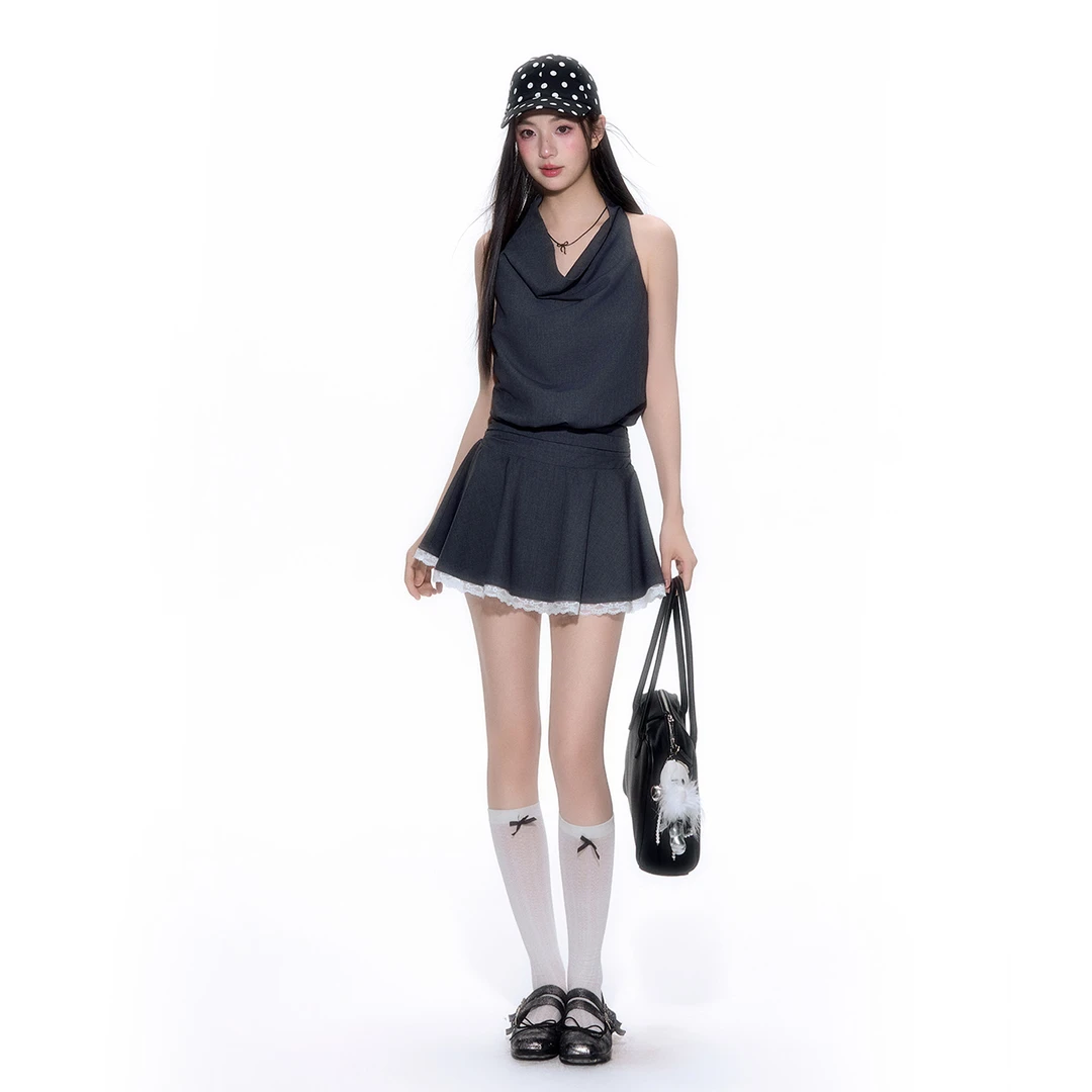 FPMZ【官方】荡领收腰挂脖无袖西装裙夏A字短裙蕾丝边韩系连衣裙